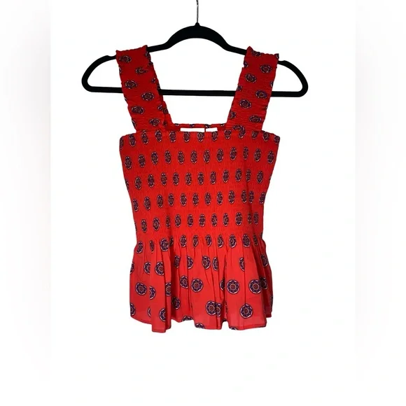 Anthropologie Maeve Red Medallion Smocked Peplum Tank Top cotton blend size S - Picture 3 of 6
